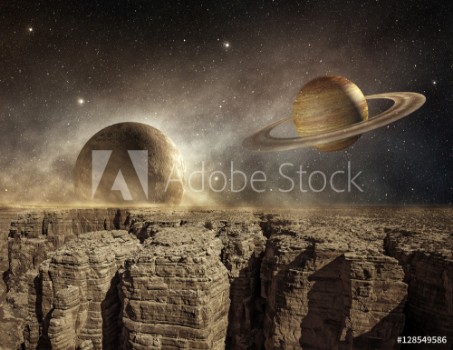 Picture of saturn and moon in the sky of a barren landscape